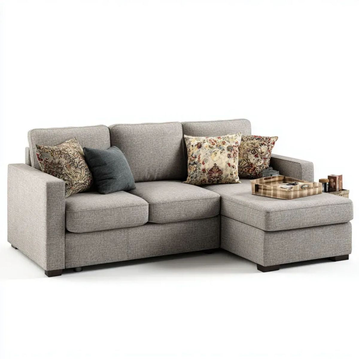 Prawostronna sofa narożna w kształcie L z szezlongiem, szara, tapicerowana tkaniną poliestrową, 230 × 160 × 88 cm