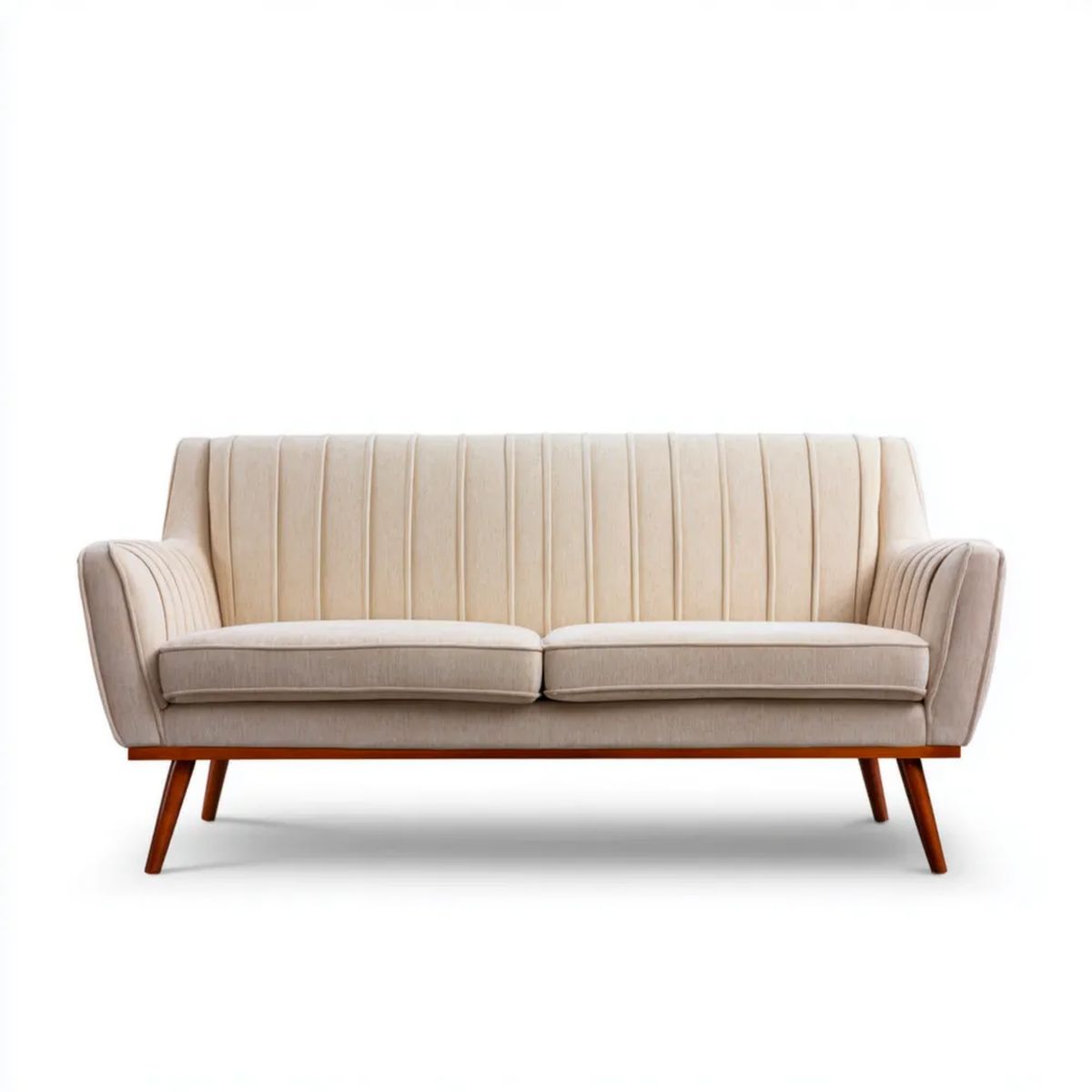 Beżowa sofa dwuosobowa z tapicerką poliestrową i drewnianymi nogami, 160 x 78 x 85 cm