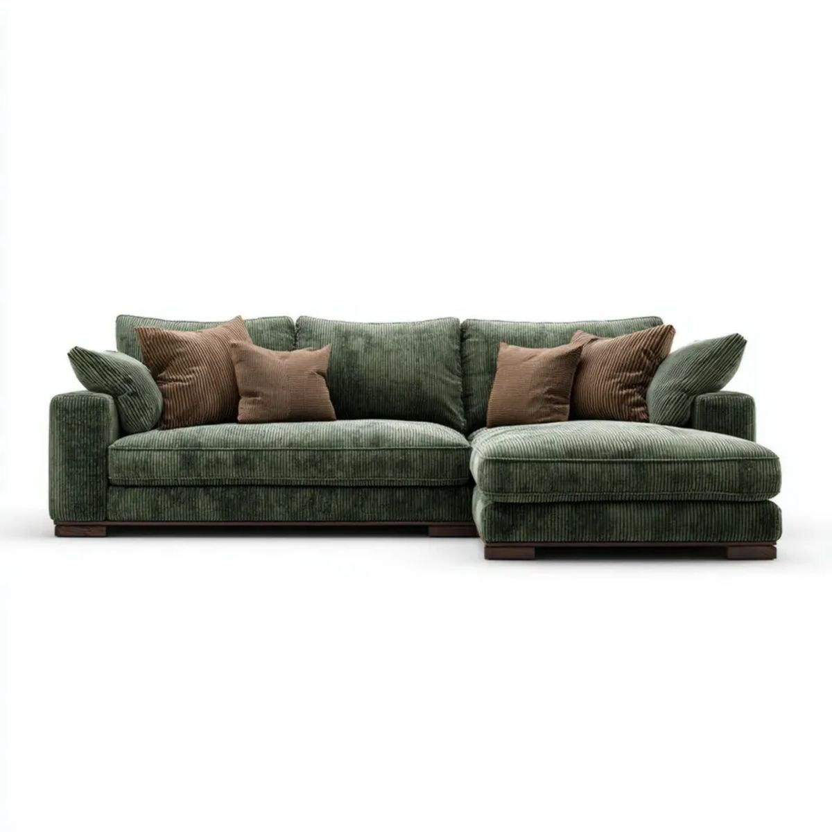 Zielona sofa narożna w kształcie L z prawostronnym szezlongiem, sztruksowa, 290 × 165 × 85 cm